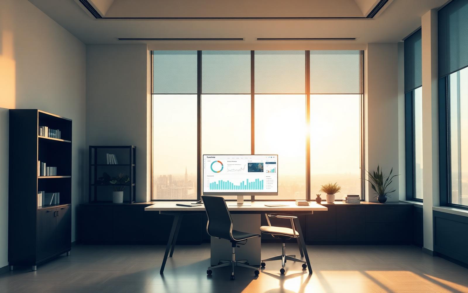 Oficina administrativa al amanecer con el cierre del día ya preparado