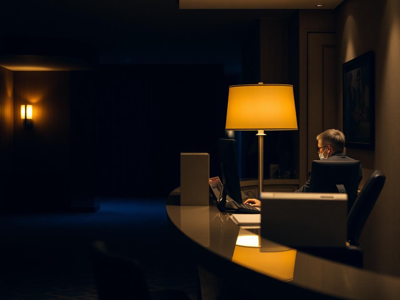 Auditor nocturno trabajando en la recepción de un hotel de madrugada